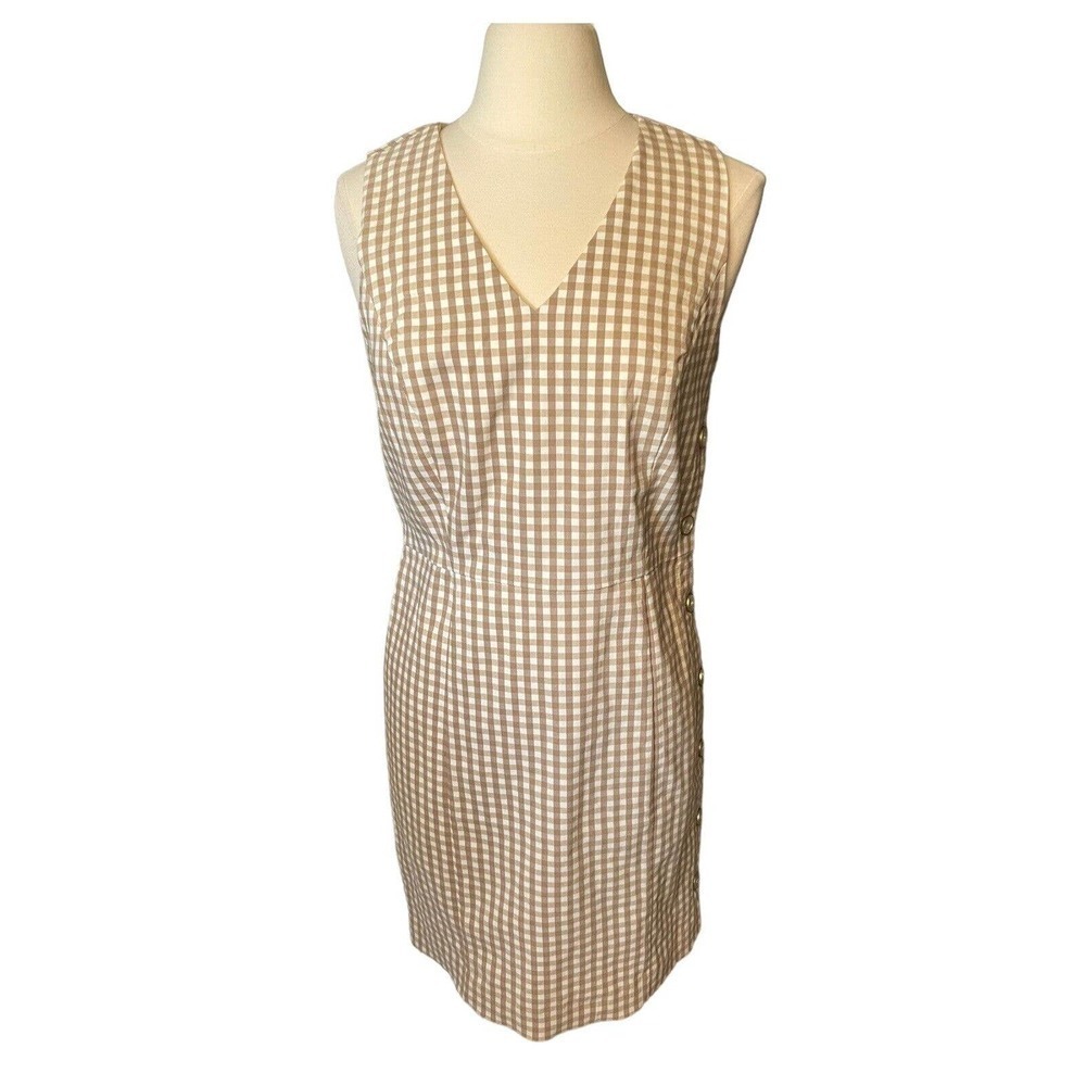 J. Mclaughlin NEW Tan Paulson Gingham Sleeveless Dress Size 8 Stretchy V-Neck